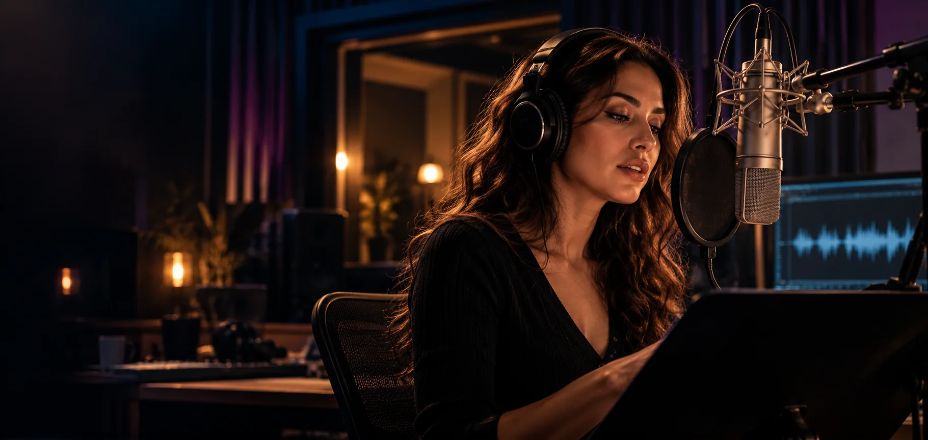 Voice actor recording at a microphone with CASTING voice-over tools